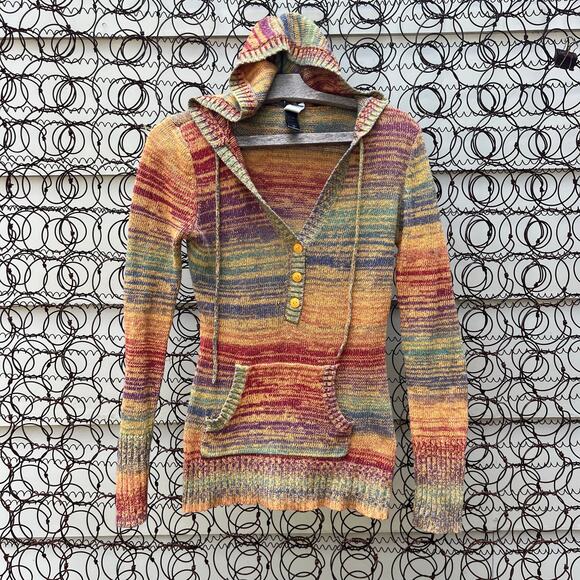 Love Rocks Sweaters - Vintage Y2K Love Rocks Multicolor Fall Hooded V Neck Button Sweater Pocket SMALL